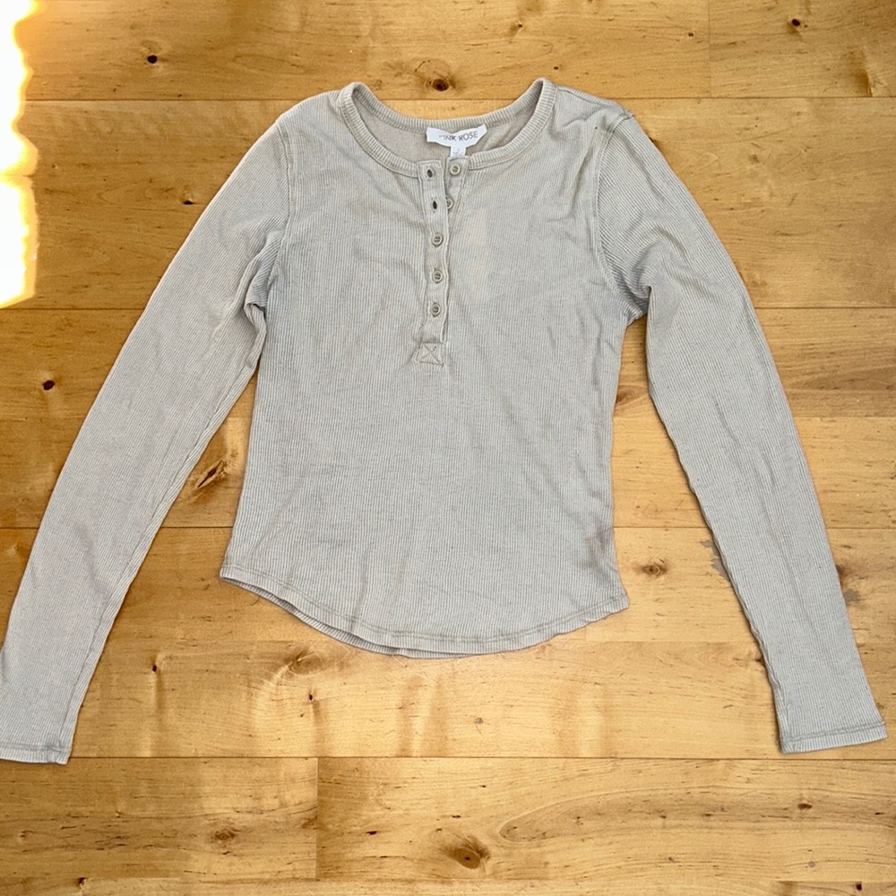 Pink Rose women’s long sleeve Henley, tan